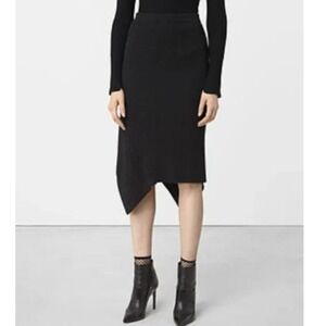 AllSaints Black 100% Merino Wool Ribbed Keld Asymmetrical Midi Skirt Size Medium